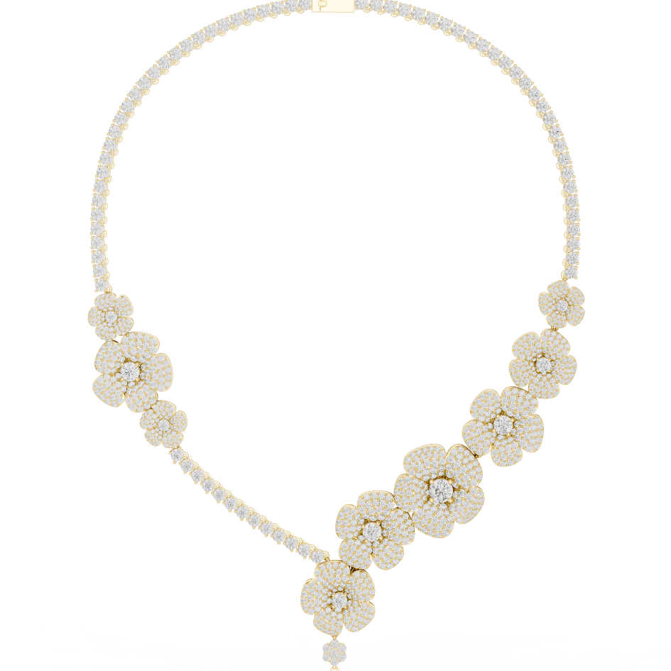 Floral diamond statement necklace featuring sparkling flower motifs and an elegant drop centerpiece by Aortas Jewels.