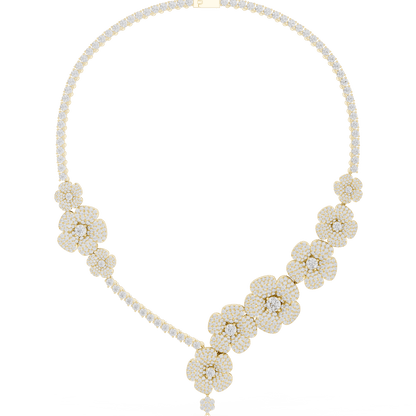 Floral diamond statement necklace featuring sparkling flower motifs and an elegant drop centerpiece by Aortas Jewels.