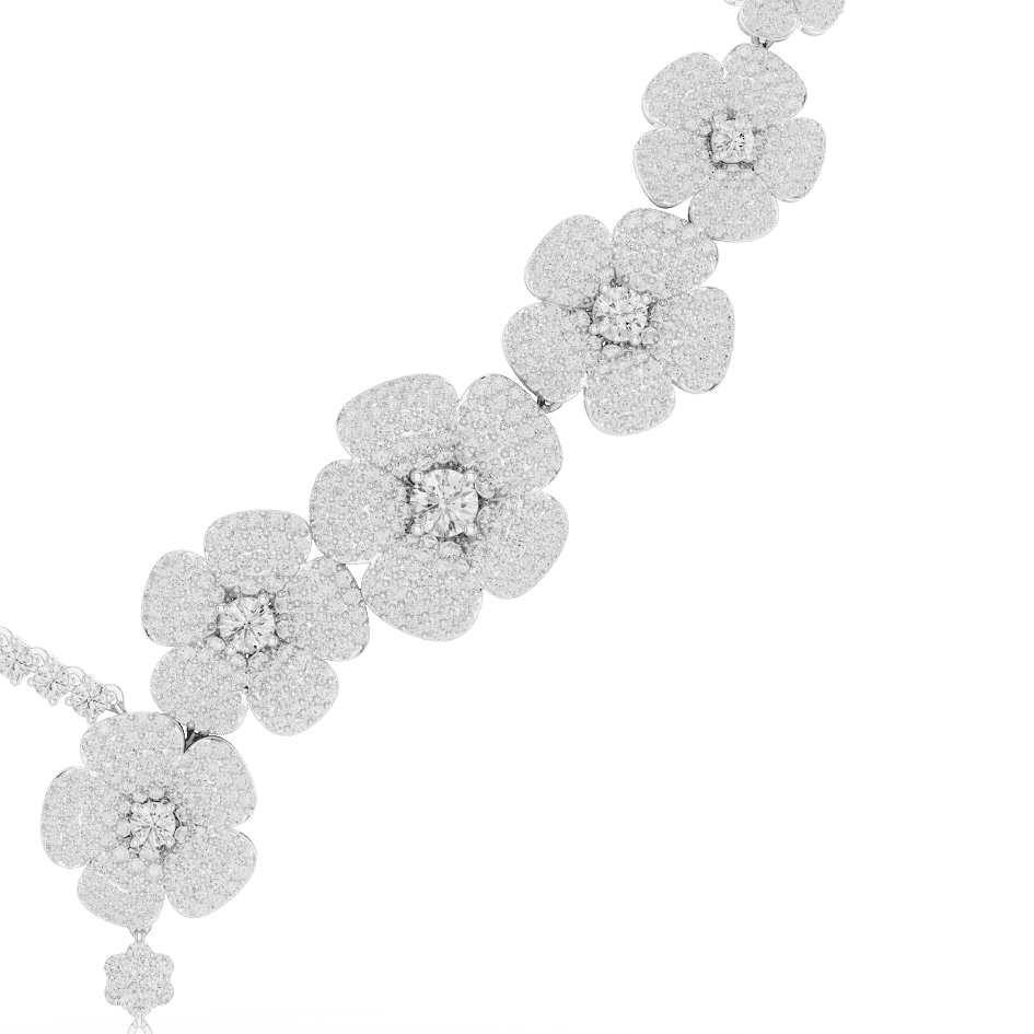 Floral diamond statement necklace featuring sparkling flower motifs and an elegant drop centerpiece by Aortas Jewels.