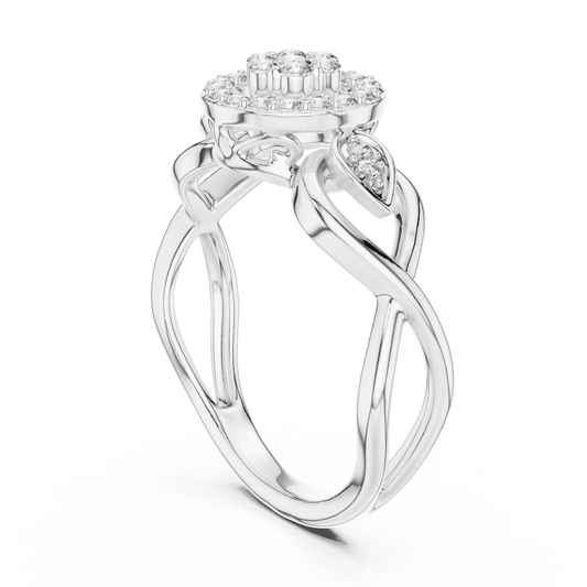 Floral halo diamond twist ring featuring a sparkling flower-inspired cluster center, halo setting, and elegant split-shank band by Aortas Jewels.