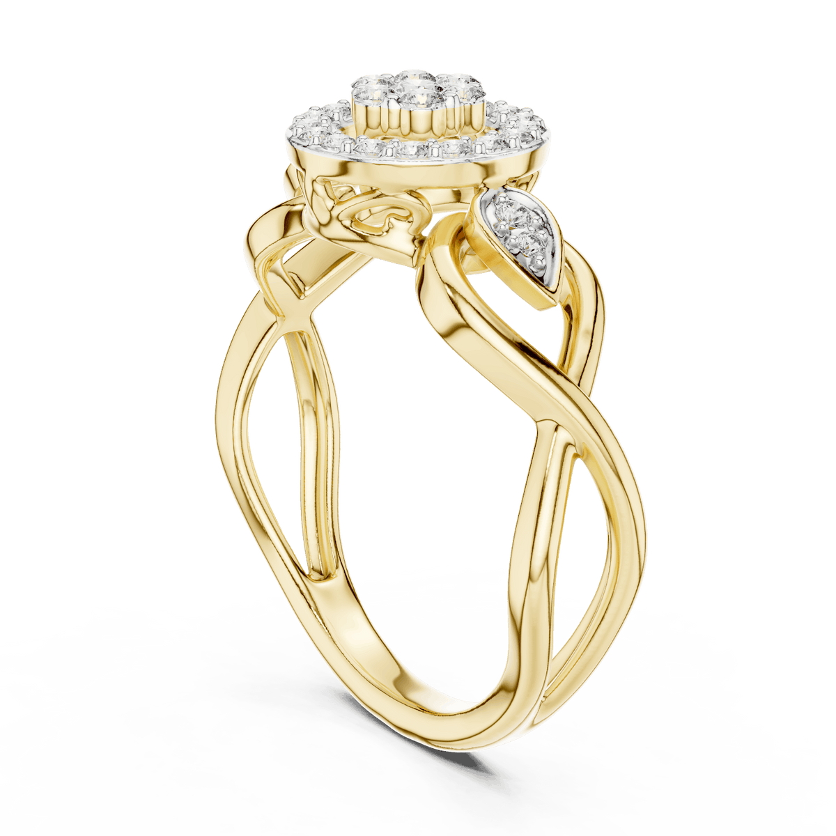Floral halo diamond twist ring featuring a sparkling flower-inspired cluster center, halo setting, and elegant split-shank band by Aortas Jewels.