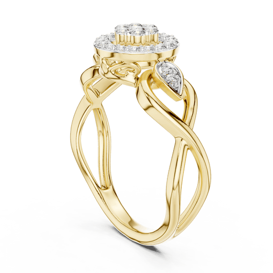 Floral halo diamond twist ring featuring a sparkling flower-inspired cluster center, halo setting, and elegant split-shank band by Aortas Jewels.