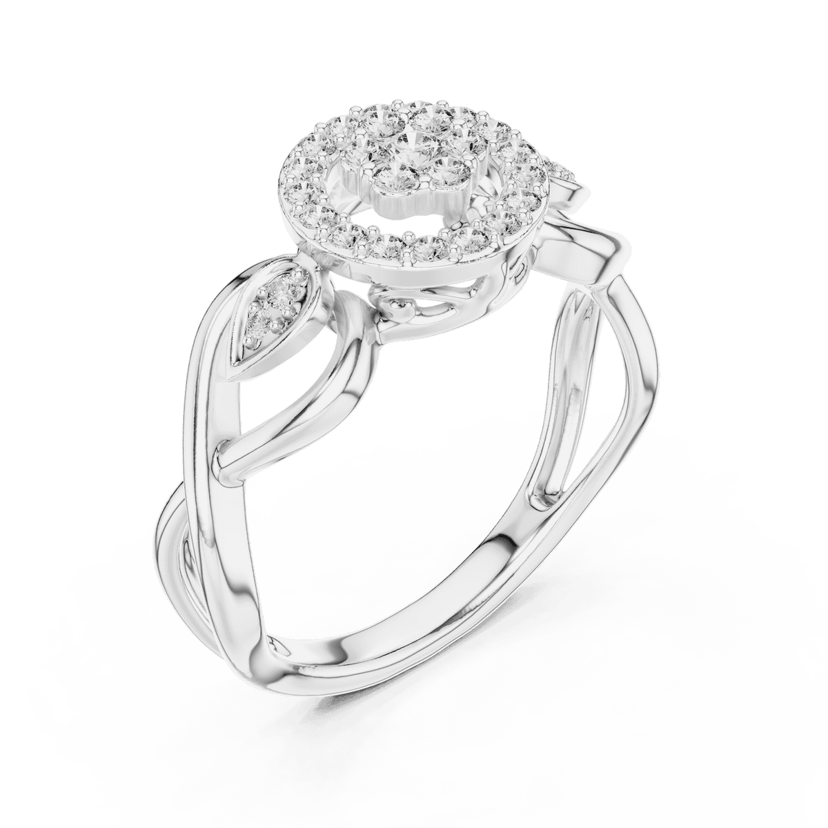 Floral halo diamond twist ring featuring a sparkling flower-inspired cluster center, halo setting, and elegant split-shank band by Aortas Jewels.