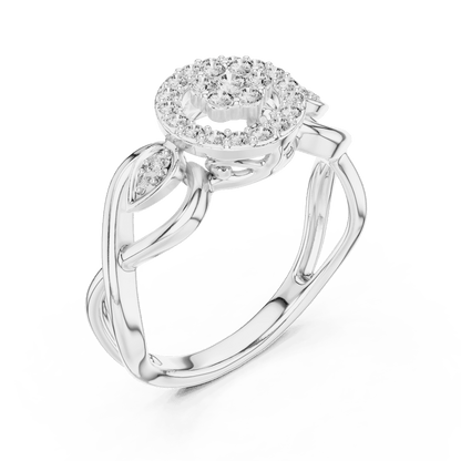 Floral halo diamond twist ring featuring a sparkling flower-inspired cluster center, halo setting, and elegant split-shank band by Aortas Jewels.