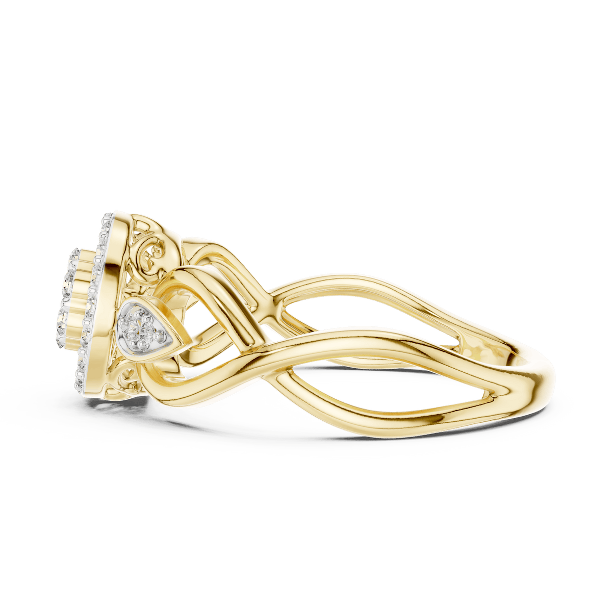 Floral halo diamond twist ring featuring a sparkling flower-inspired cluster center, halo setting, and elegant split-shank band by Aortas Jewels.