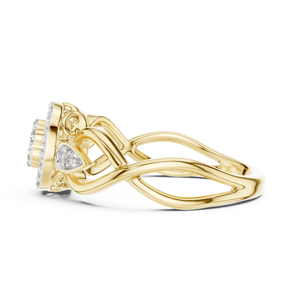 Floral halo diamond twist ring featuring a sparkling flower-inspired cluster center, halo setting, and elegant split-shank band by Aortas Jewels.