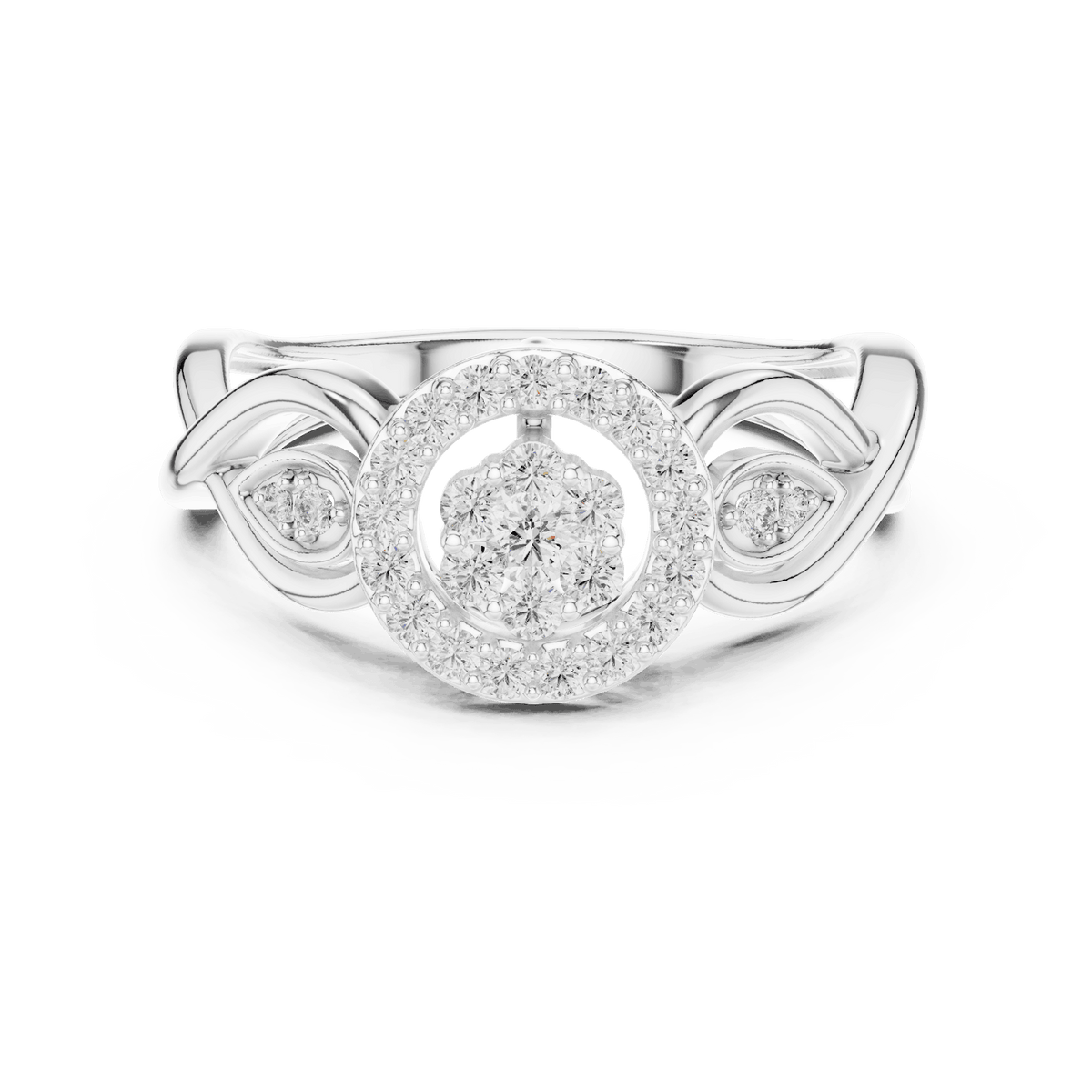 Floral halo diamond twist ring featuring a sparkling flower-inspired cluster center, halo setting, and elegant split-shank band by Aortas Jewels.