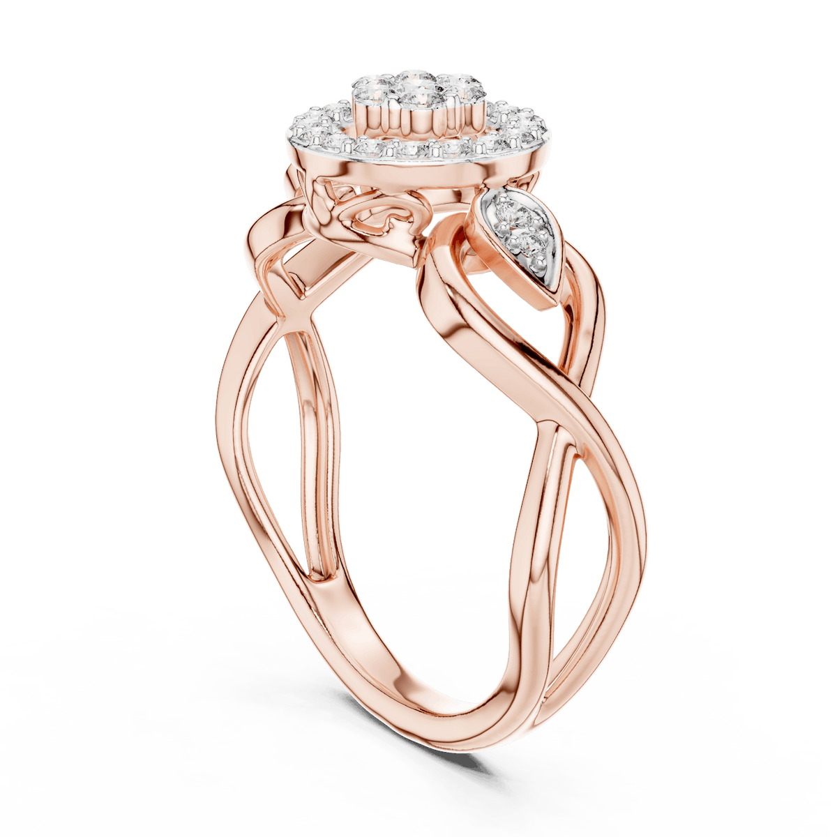 Floral halo diamond twist ring featuring a sparkling flower-inspired cluster center, halo setting, and elegant split-shank band by Aortas Jewels.