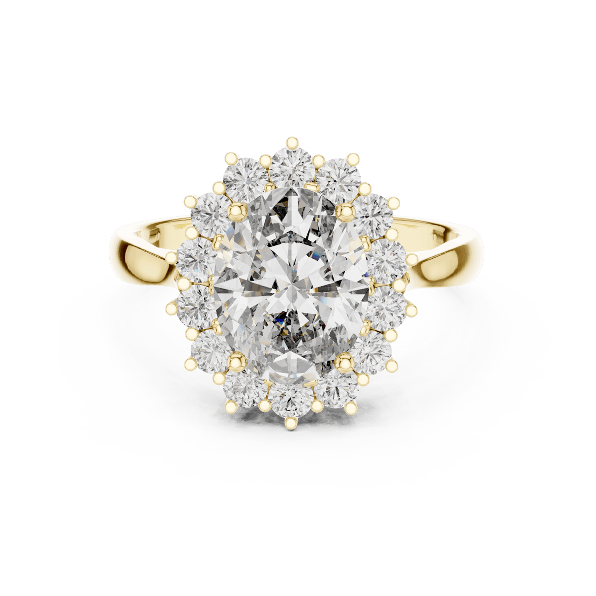 Floral halo solitaire diamond engagement ring featuring a brilliant round-cut center stone surrounded by a sparkling halo in an elegant cathedral-style setting by Aortas Jewels.