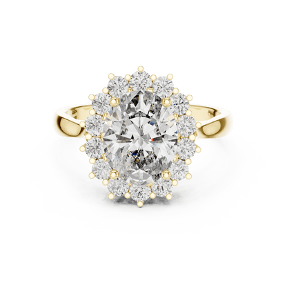 Floral halo solitaire diamond engagement ring featuring a brilliant round-cut center stone surrounded by a sparkling halo in an elegant cathedral-style setting by Aortas Jewels.
