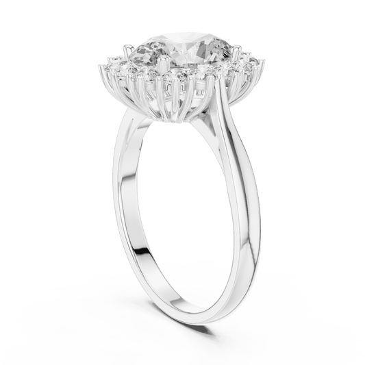 Floral halo solitaire diamond engagement ring featuring a brilliant round-cut center stone surrounded by a sparkling halo in an elegant cathedral-style setting by Aortas Jewels.