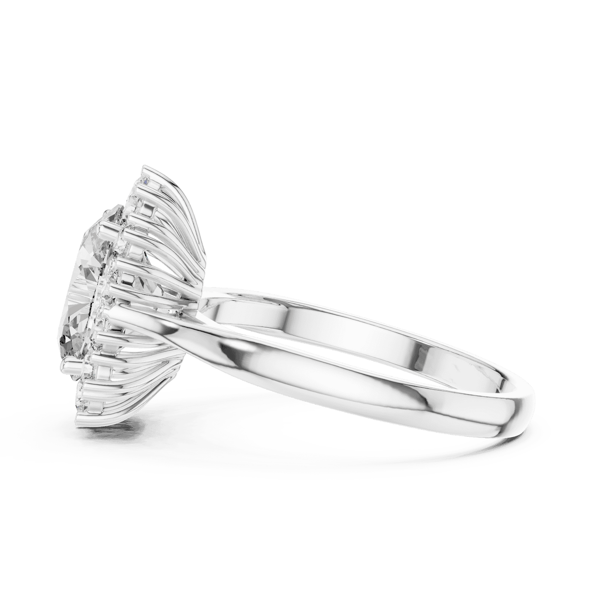 Floral halo solitaire diamond engagement ring featuring a brilliant round-cut center stone surrounded by a sparkling halo in an elegant cathedral-style setting by Aortas Jewels.