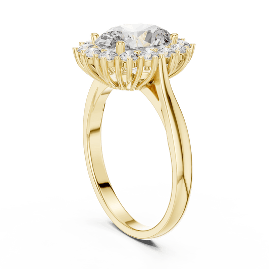 Floral halo solitaire diamond engagement ring featuring a brilliant round-cut center stone surrounded by a sparkling halo in an elegant cathedral-style setting by Aortas Jewels.