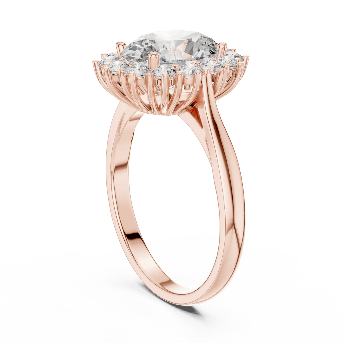 Floral halo solitaire diamond engagement ring featuring a brilliant round-cut center stone surrounded by a sparkling halo in an elegant cathedral-style setting by Aortas Jewels.