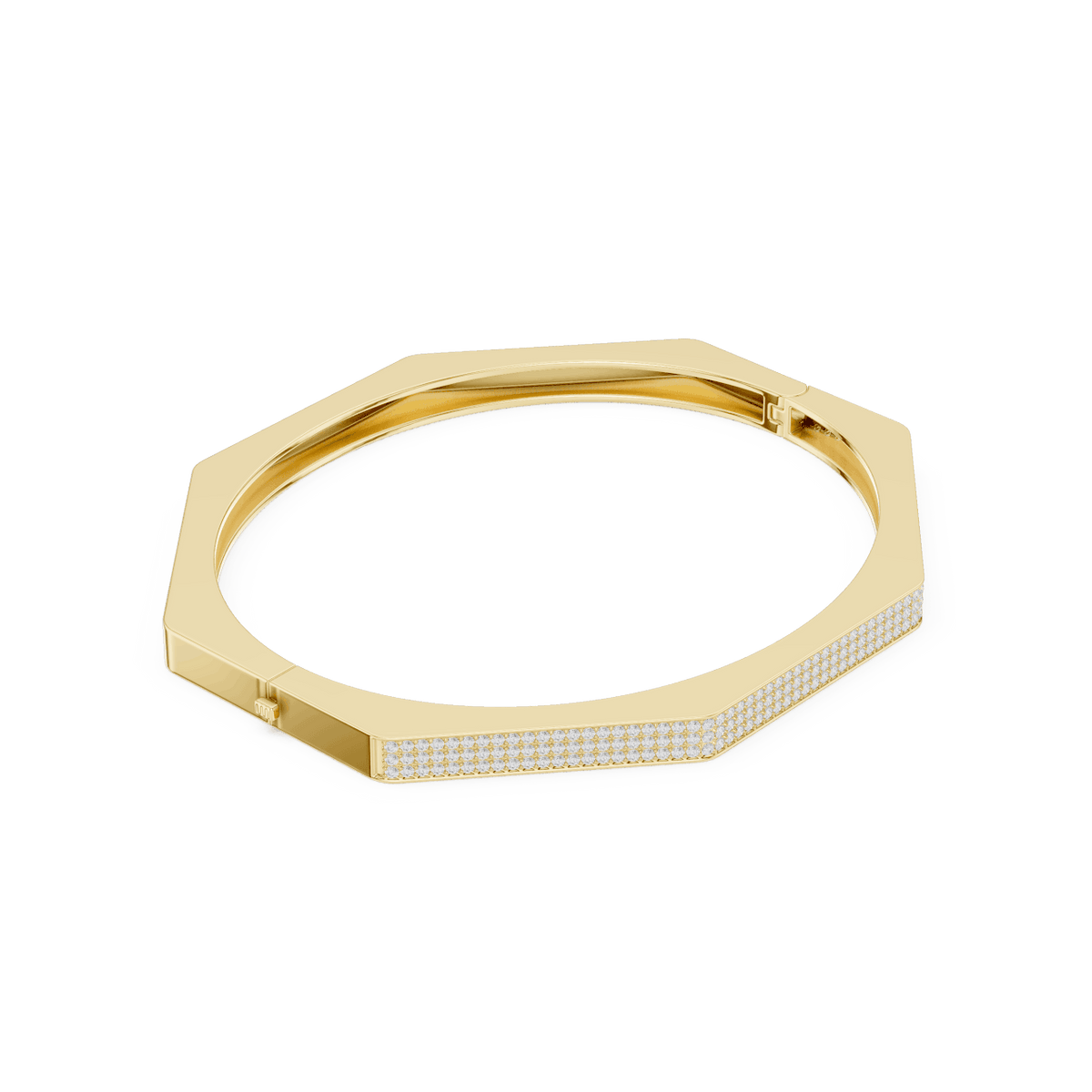 Geometric diamond bangle bracelet featuring a sleek octagonal design with a pavé-set diamond accent panel and polished finish by Aortas Jewels.