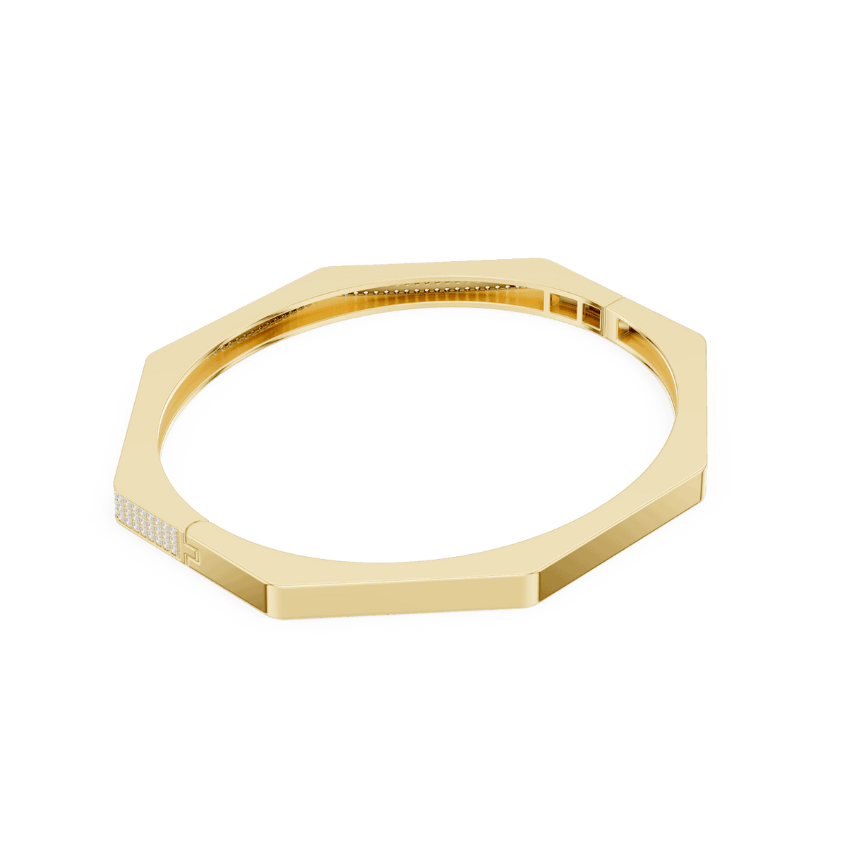 Geometric diamond bangle bracelet featuring a sleek octagonal design with a pavé-set diamond accent panel and polished finish by Aortas Jewels.