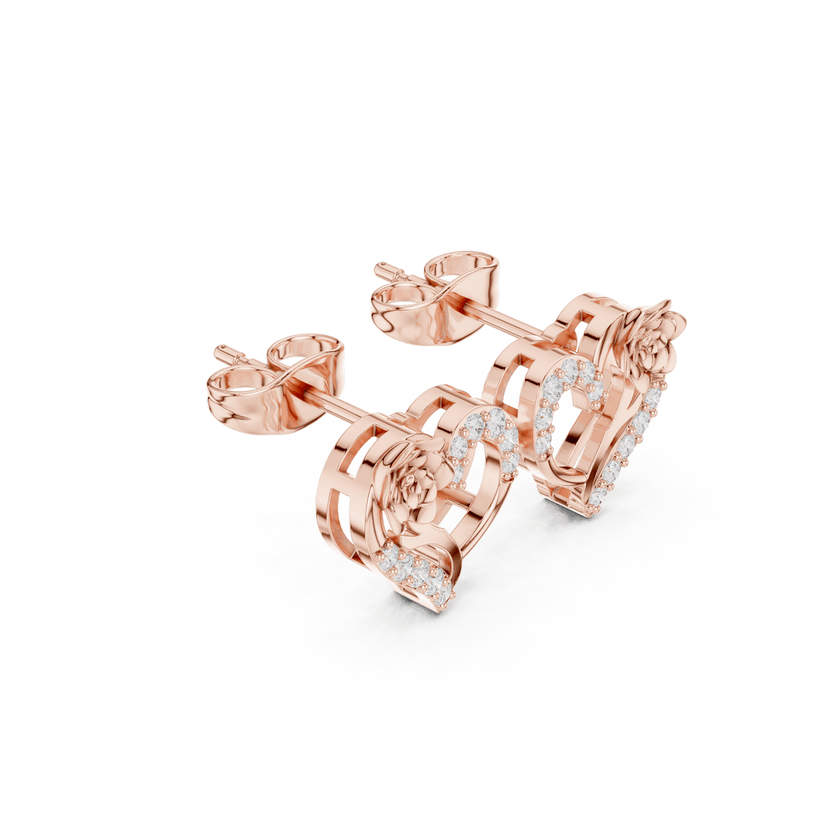 Heart diamond stud earrings featuring an elegant open-heart design with sparkling stone accents and secure push-back closures by Aortas Jewels.