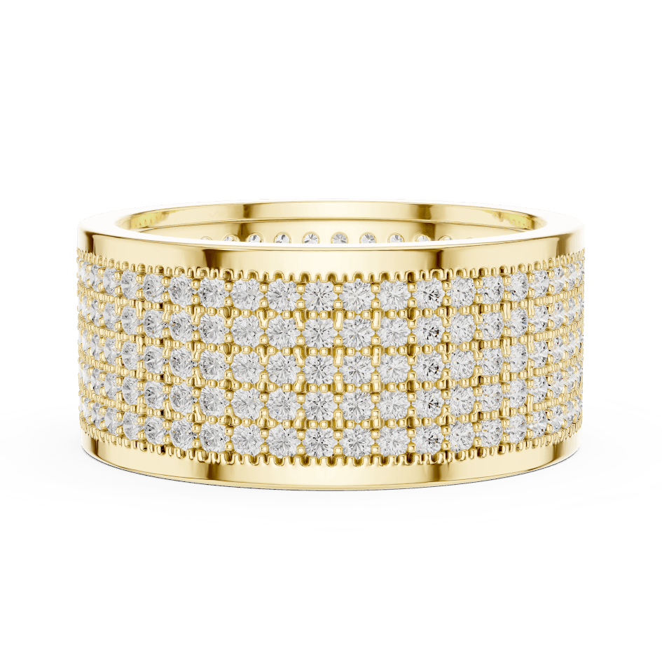 Luxury diamond pavé band ring featuring multiple rows of sparkling round diamonds on a wide polished band by Aortas Jewels.