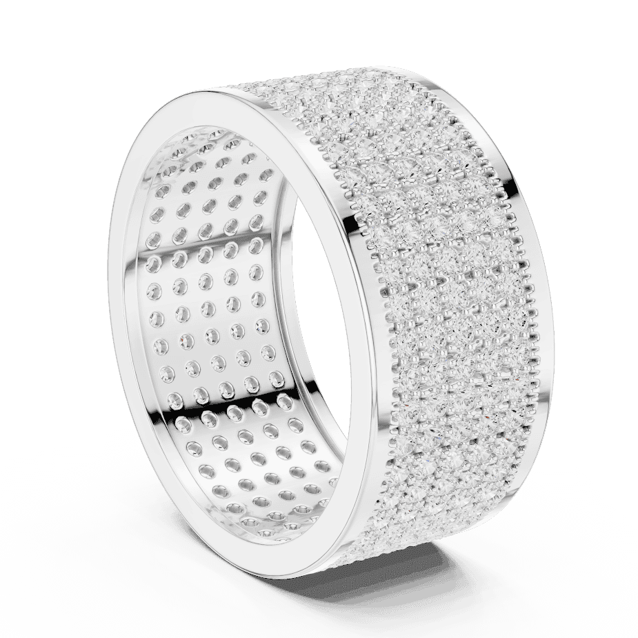 Luxury diamond pavé band ring featuring multiple rows of sparkling round diamonds on a wide polished band by Aortas Jewels.