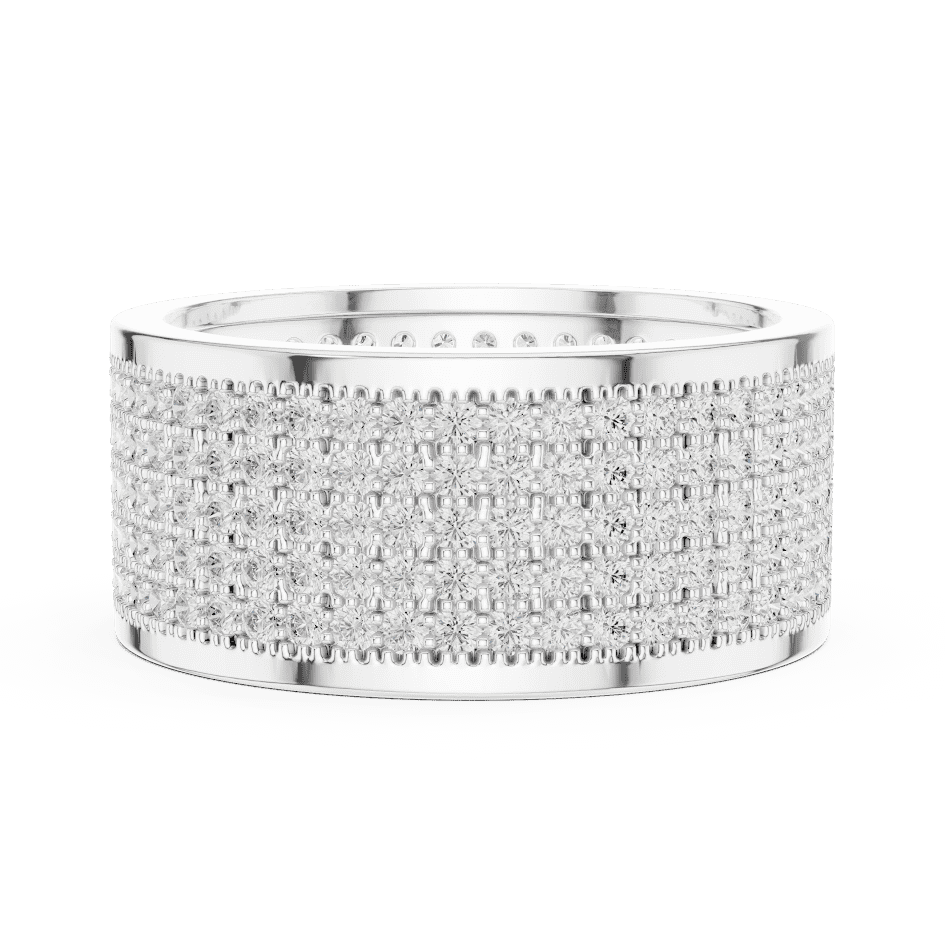 Luxury diamond pavé band ring featuring multiple rows of sparkling round diamonds on a wide polished band by Aortas Jewels.