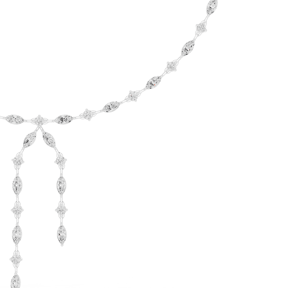 Marquise Diamond Bow Drop Necklace featuring alternating marquise-shaped links, a bow-inspired centerpiece, and elegant cascading drop accents by Aortas Jewels.