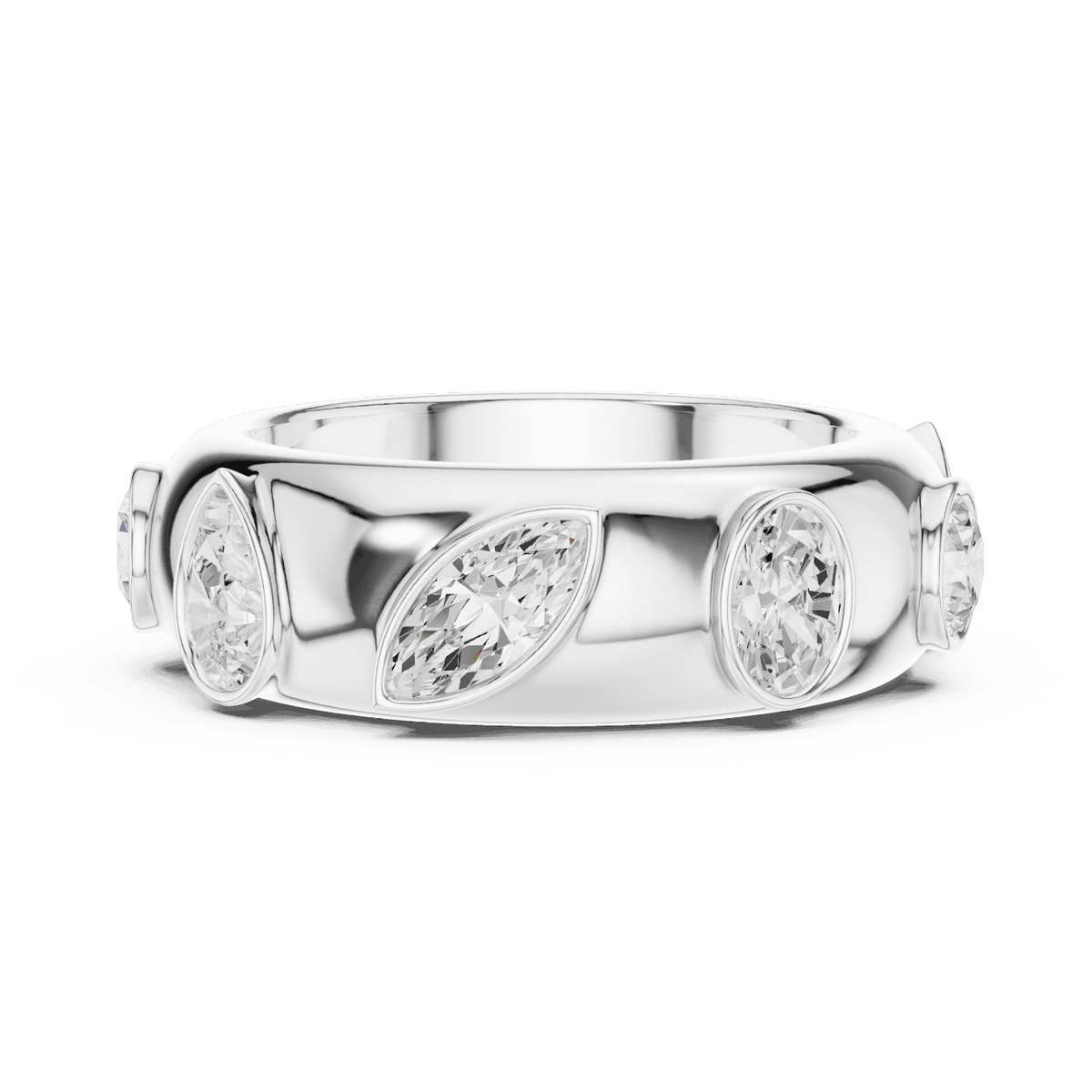 Marquise diamond eternity band ring featuring alternating marquise and round brilliant stones on a polished band by Aortas Jewels.