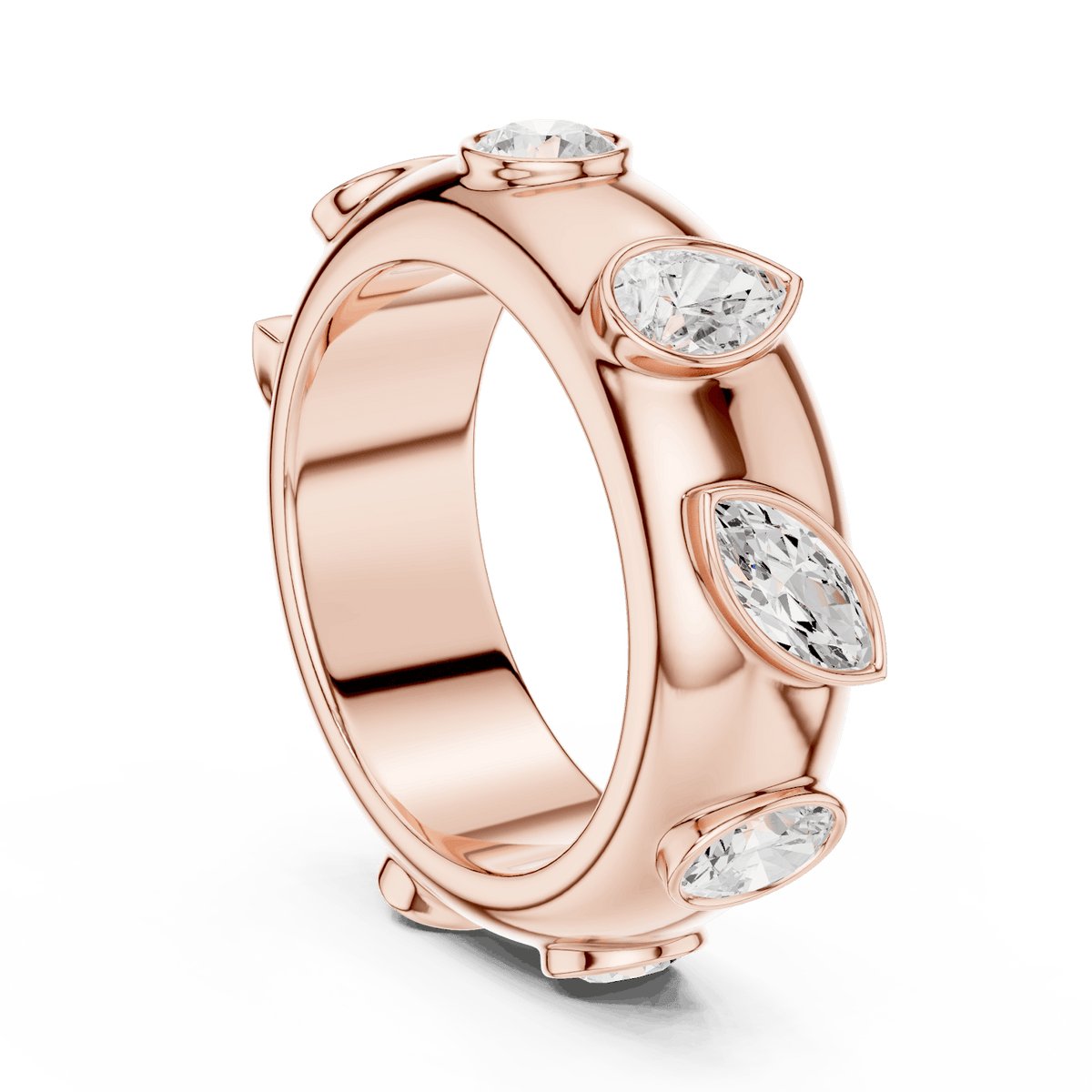 Marquise diamond eternity band ring featuring alternating marquise and round brilliant stones on a polished band by Aortas Jewels.