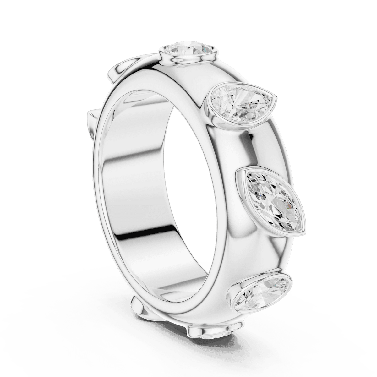 Marquise diamond eternity band ring featuring alternating marquise and round brilliant stones on a polished band by Aortas Jewels.