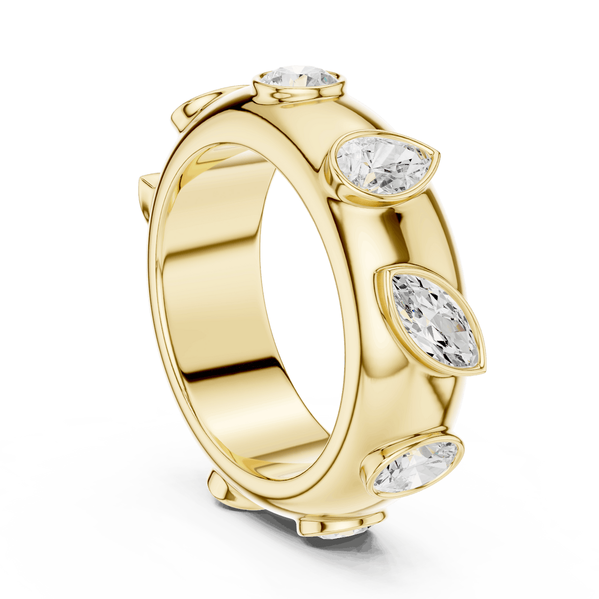Marquise diamond eternity band ring featuring alternating marquise and round brilliant stones on a polished band by Aortas Jewels.
