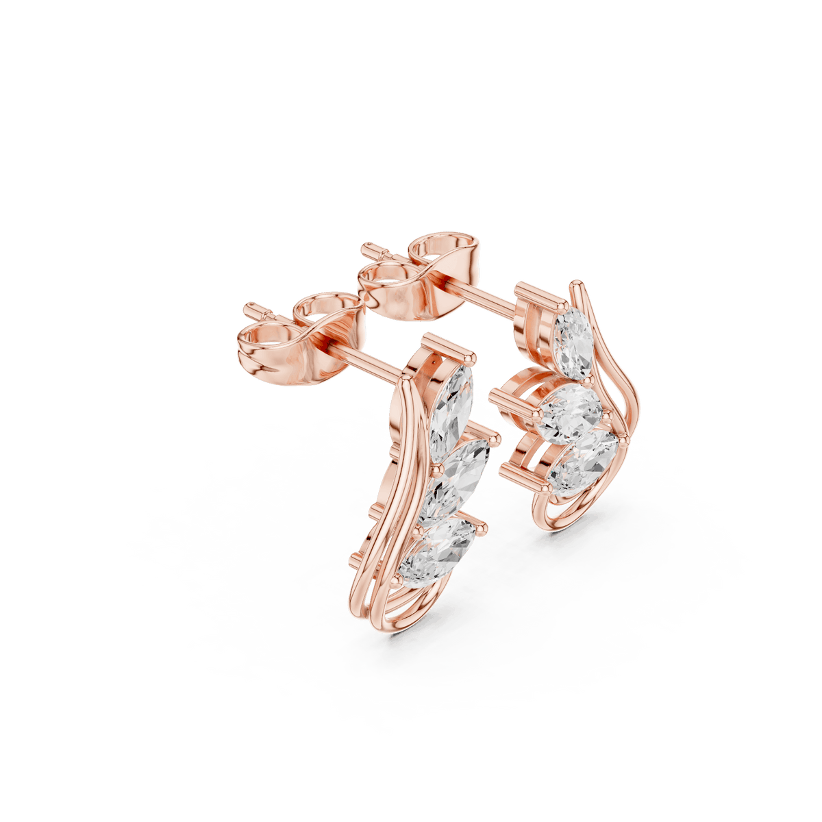 Marquise diamond leaf stud earrings featuring a nature-inspired design with sparkling marquise and round stones and secure push-back closures by Aortas Jewels.