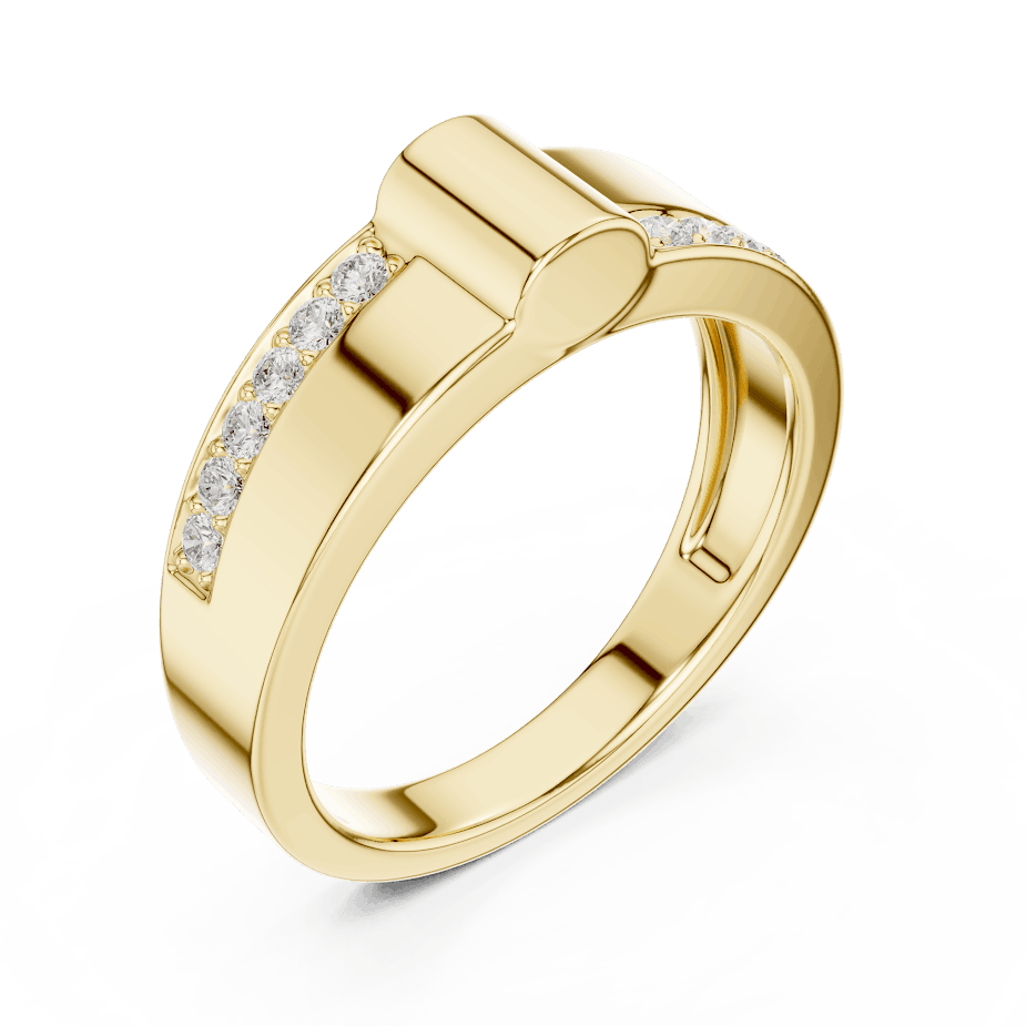 Modern channel-set diamond band ring with a sleek polished finish and sparkling accent stones by Aortas Jewels.