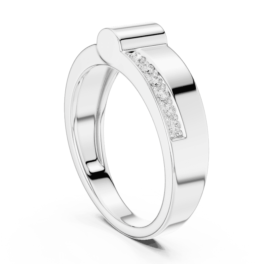 Modern channel-set diamond band ring with a sleek polished finish and sparkling accent stones by Aortas Jewels.
