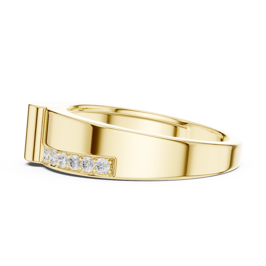 Modern channel-set diamond band ring with a sleek polished finish and sparkling accent stones by Aortas Jewels.