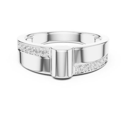 Modern channel-set diamond band ring with a sleek polished finish and sparkling accent stones by Aortas Jewels.