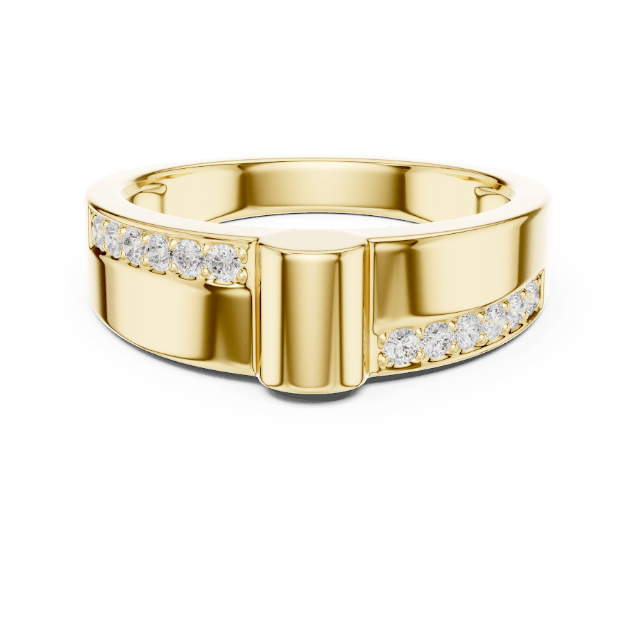 Modern channel-set diamond band ring with a sleek polished finish and sparkling accent stones by Aortas Jewels.
