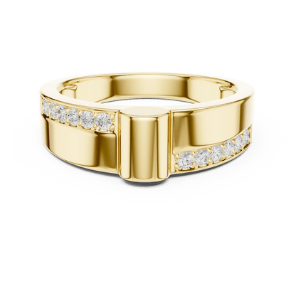 Modern channel-set diamond band ring with a sleek polished finish and sparkling accent stones by Aortas Jewels.