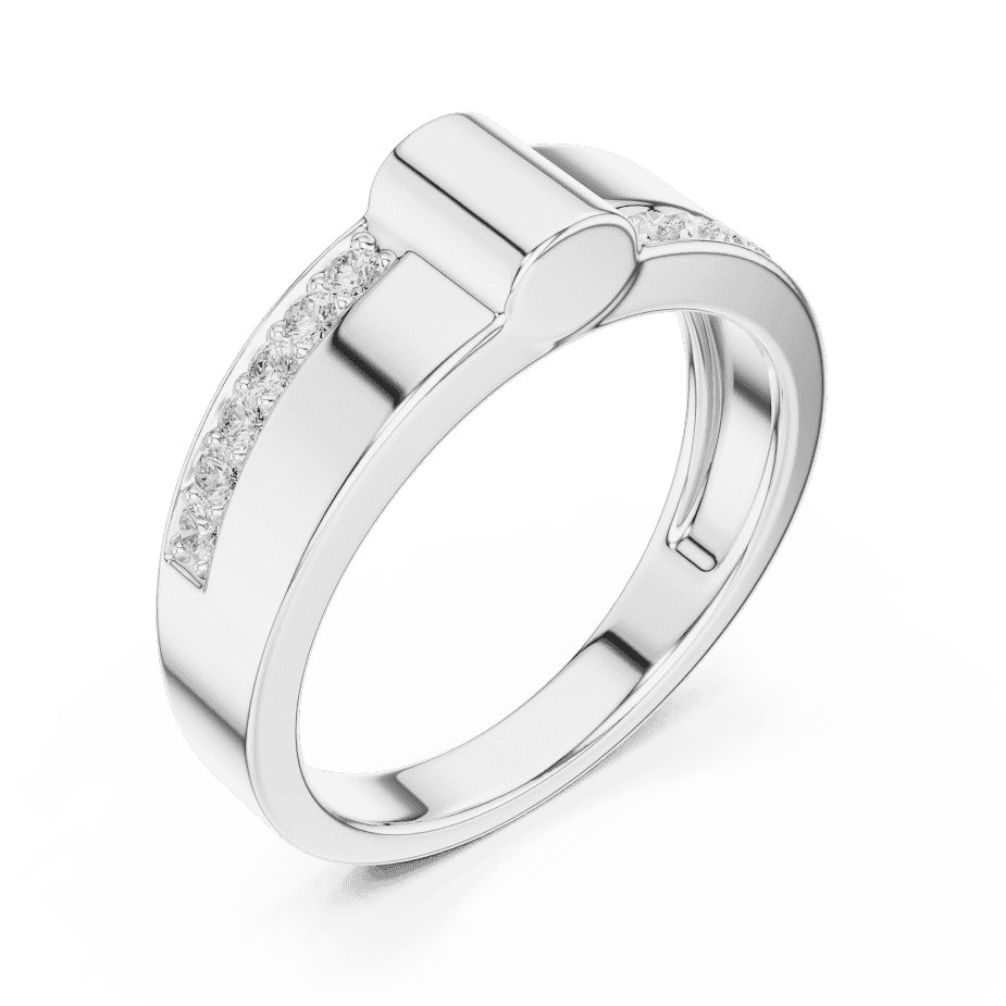Modern channel-set diamond band ring with a sleek polished finish and sparkling accent stones by Aortas Jewels.