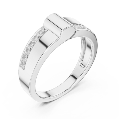 Modern channel-set diamond band ring with a sleek polished finish and sparkling accent stones by Aortas Jewels.
