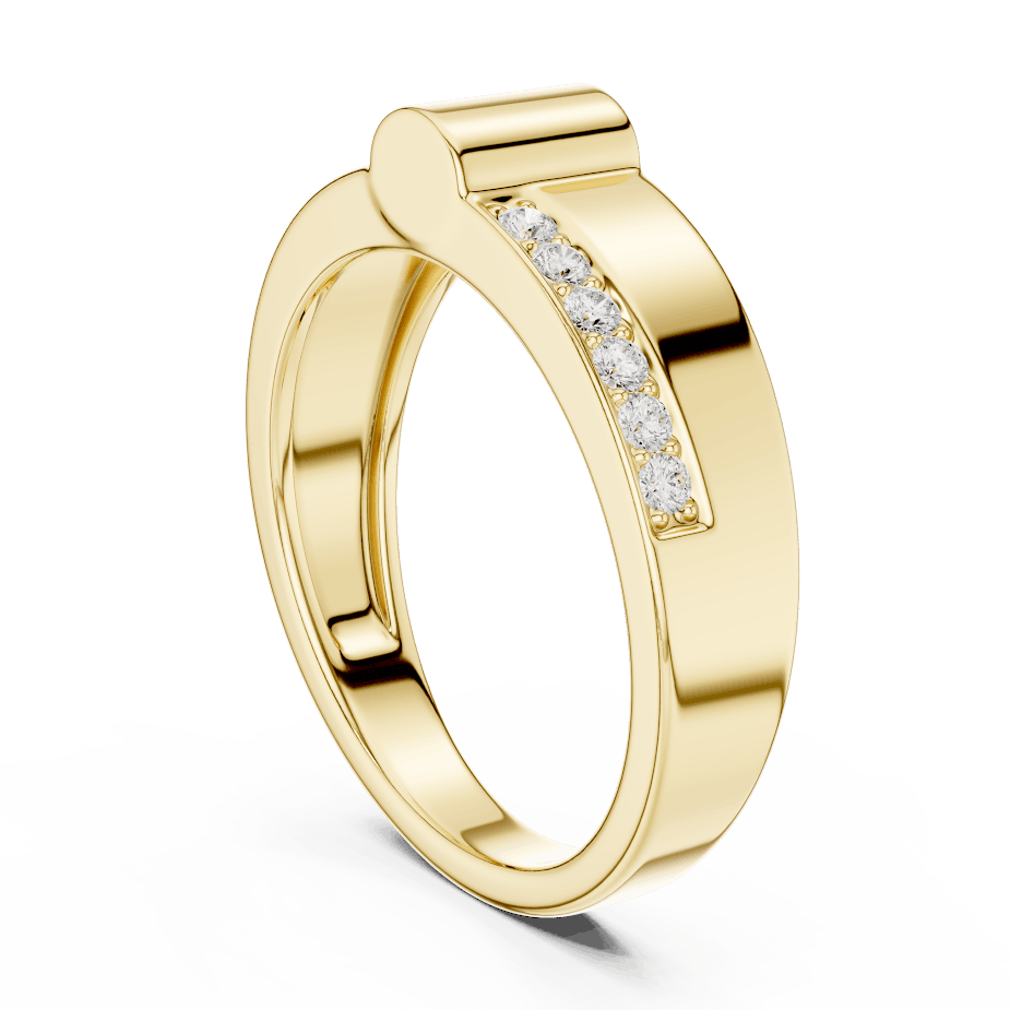 Modern channel-set diamond band ring with a sleek polished finish and sparkling accent stones by Aortas Jewels.