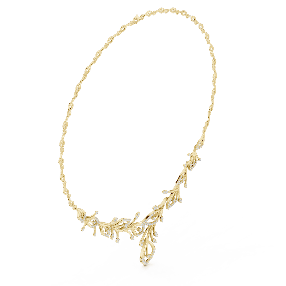 Nature-inspired yellow gold leaf necklace with an elegant vine design and sparkling stone accents by Aortas Jewels.