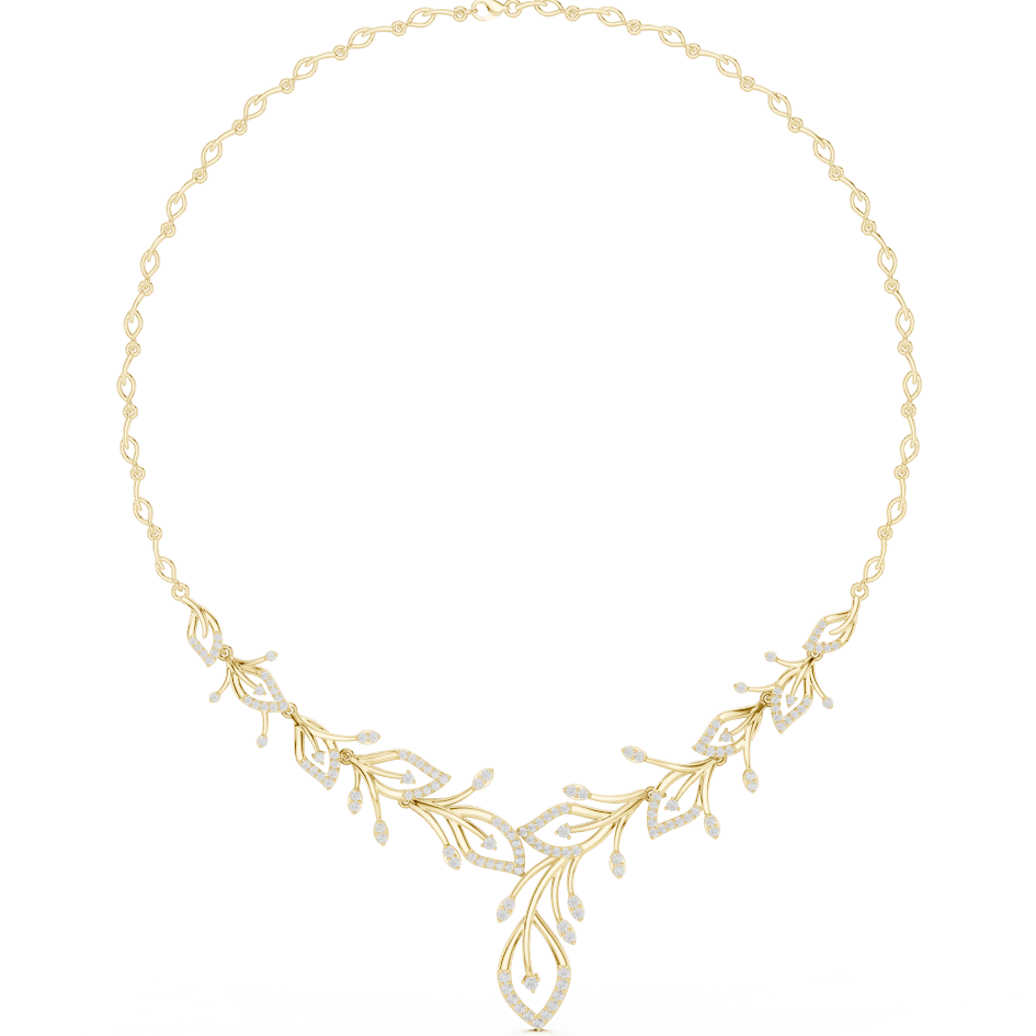 Nature-inspired yellow gold leaf necklace with an elegant vine design and sparkling stone accents by Aortas Jewels.