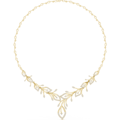 Nature-inspired yellow gold leaf necklace with an elegant vine design and sparkling stone accents by Aortas Jewels.