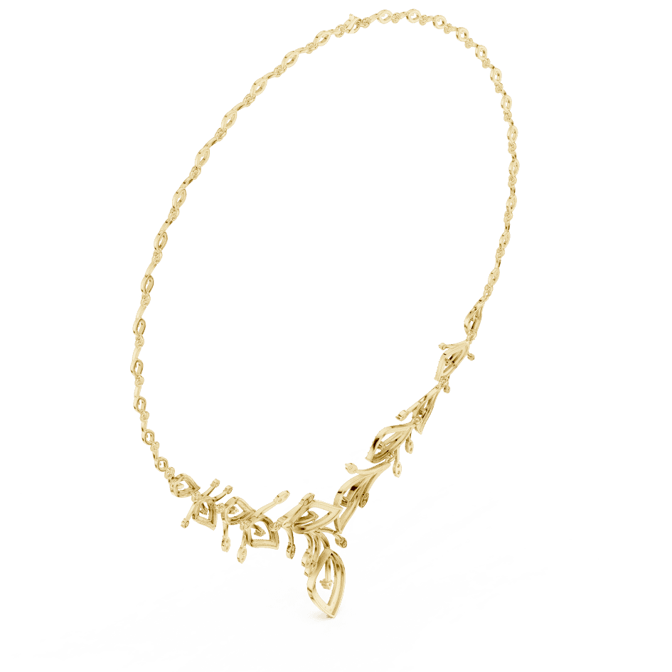 Nature-inspired yellow gold leaf necklace with an elegant vine design and sparkling stone accents by Aortas Jewels.
