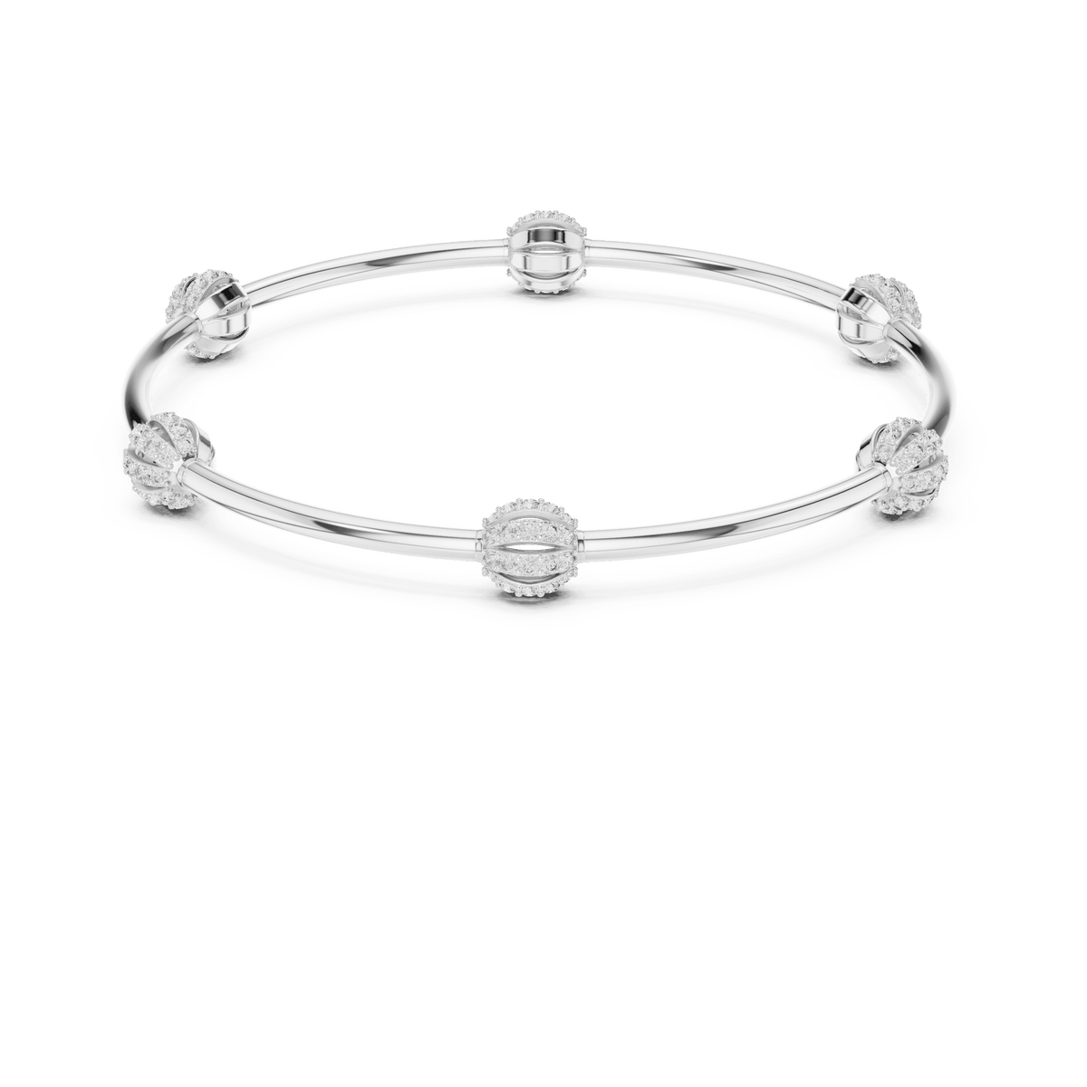 Elegant pavé crystal charm bangle bracelet featuring sparkling bead accents on a sleek polished silver-tone bangle by Aortas Jewels.