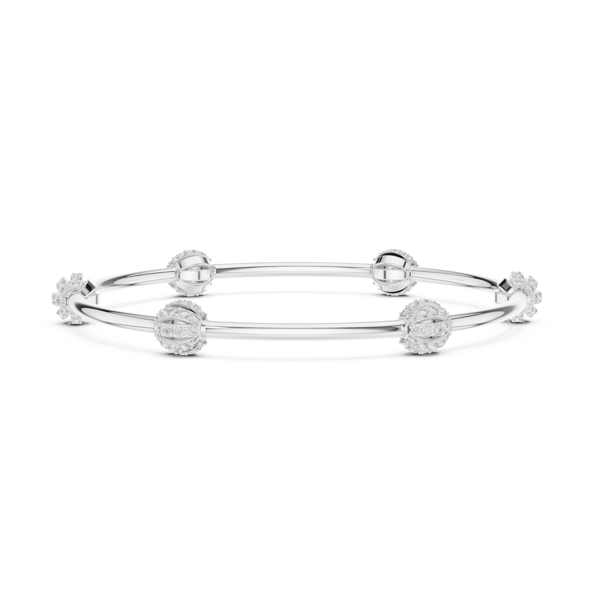 Elegant pavé crystal charm bangle bracelet featuring sparkling bead accents on a sleek polished silver-tone bangle by Aortas Jewels.