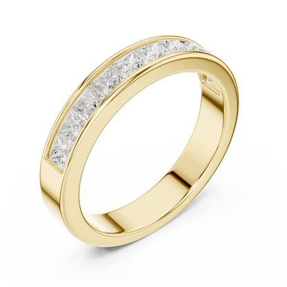 Princess Cut Diamond Channel Band Ring featuring a row of channel-set princess-cut diamonds on a polished band by Aortas Jewels.