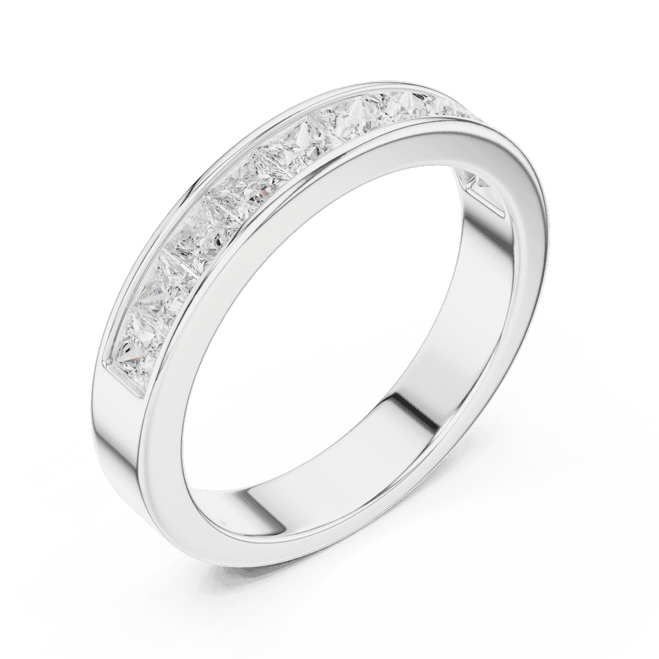 Princess Cut Diamond Channel Band Ring featuring a row of channel-set princess-cut diamonds on a polished band by Aortas Jewels.
