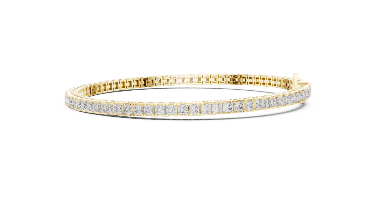 Princess Cut Diamond Tennis Bracelet featuring a continuous row of sparkling square-cut stones with a secure box clasp by Aortas Jewels.