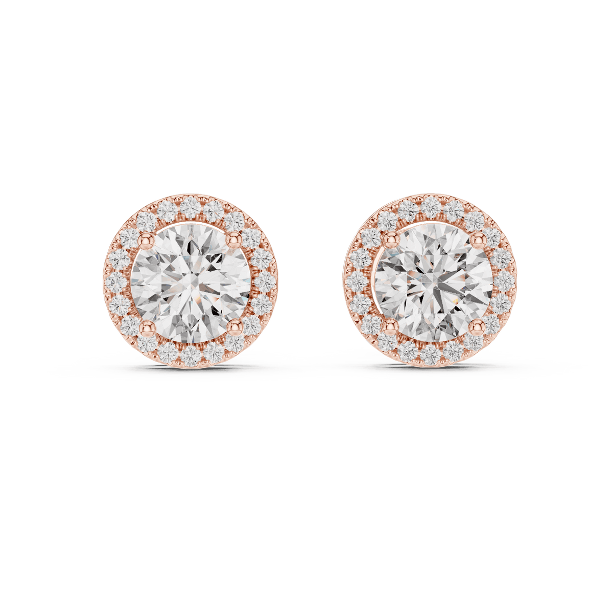 Round halo diamond stud earrings featuring brilliant center stones surrounded by sparkling halo accents with secure stud backs by Aortas Jewels.