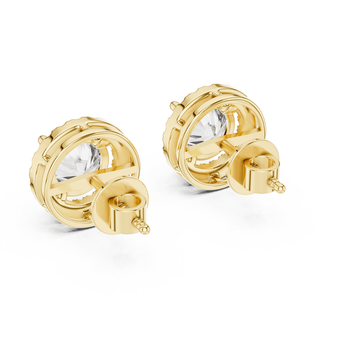 Round halo diamond stud earrings featuring brilliant center stones surrounded by sparkling halo accents with secure stud backs by Aortas Jewels.